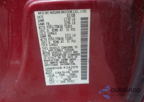 2008 Nissan Frontier Se z USA, uszkodzony, nr VIN 1N6AD07U18C434209